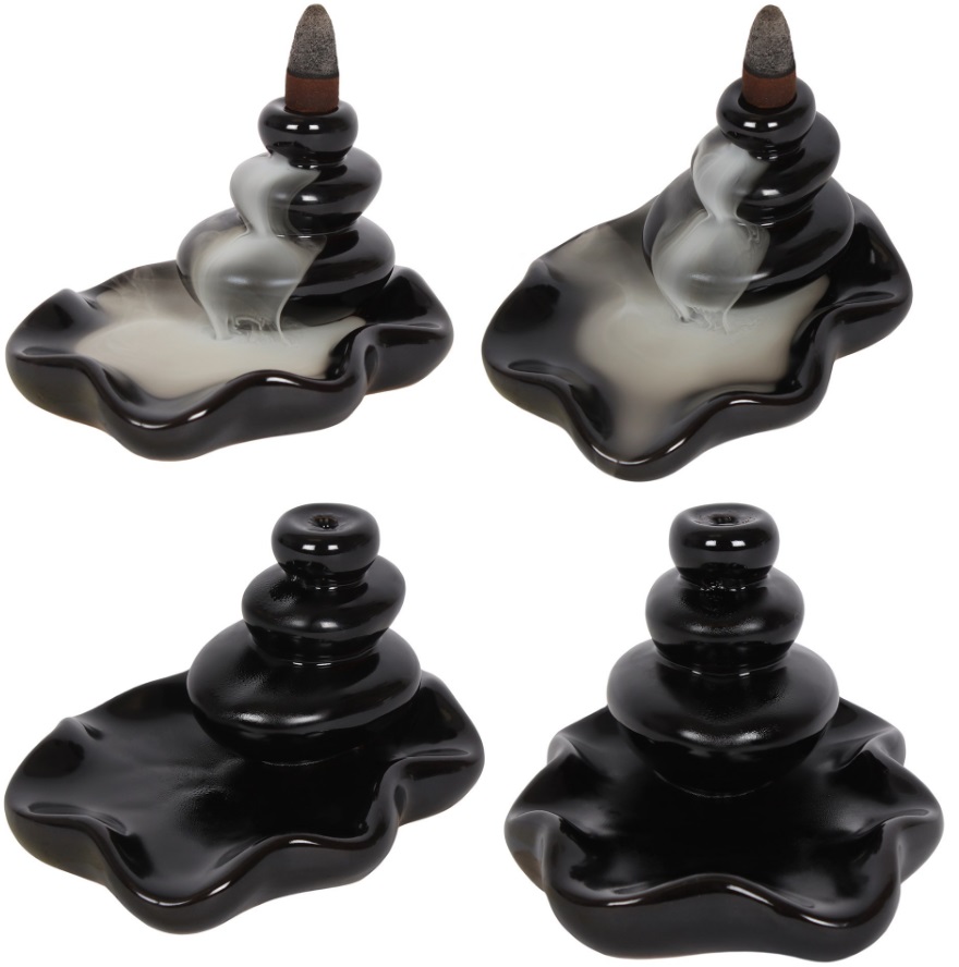 Large Black Ceramic Stacked Pebble Backflow Incense Burner