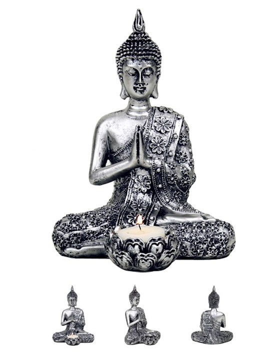 Thai BUDDHA CANDLE HOLDER, Tea Light Holder, Rustic Silver Effect