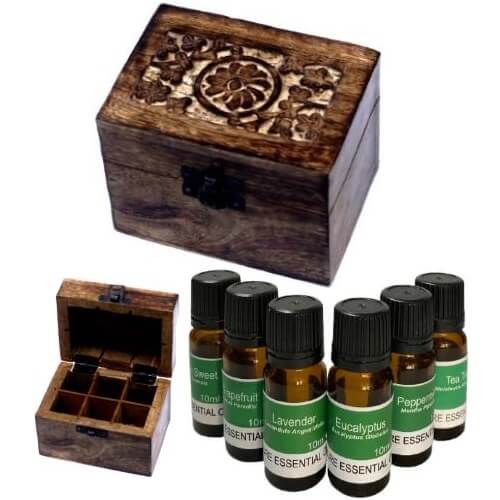 6 Of Our Best Selling 10ml Pure Essential Oils - Plus One Aromatherapy Storage Box **Set B (Mango Wood Box) 