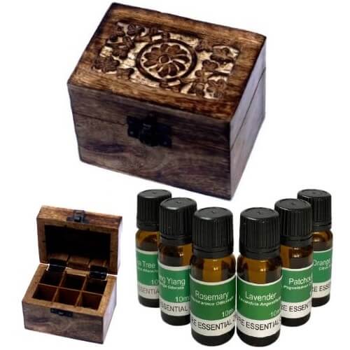 6 Of Our Best Selling 10ml Pure Essential Oils - Plus One Aromatherapy Storage Box **Set C (Mango Wood Box) 