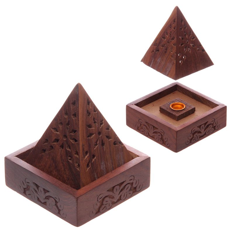 Sheesham Wood Pyramid Incense Cones Box with Flower Fretwork